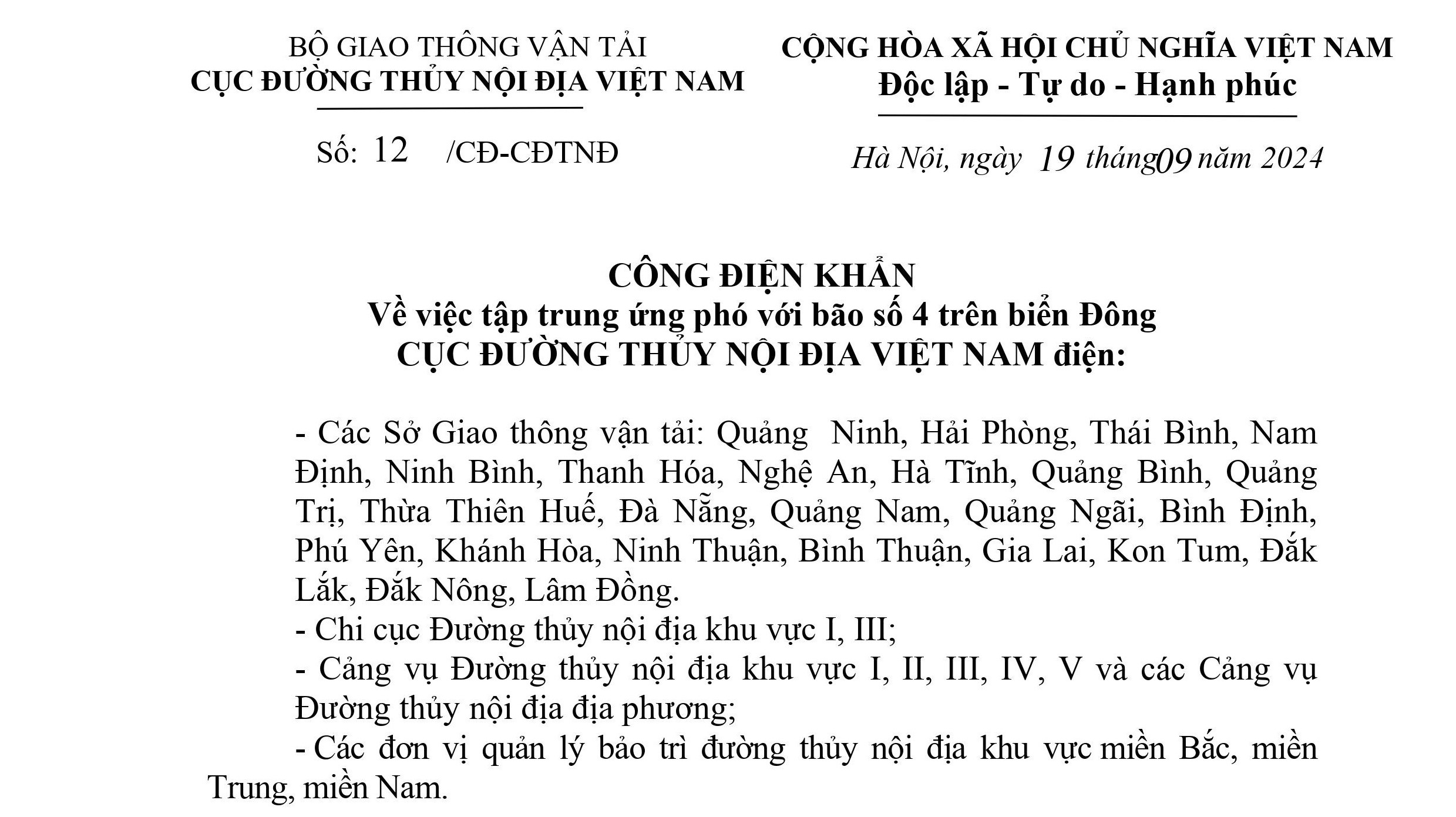 Công điện KHẨN tập trung ứng phó với bão số 4 trên biển Đông