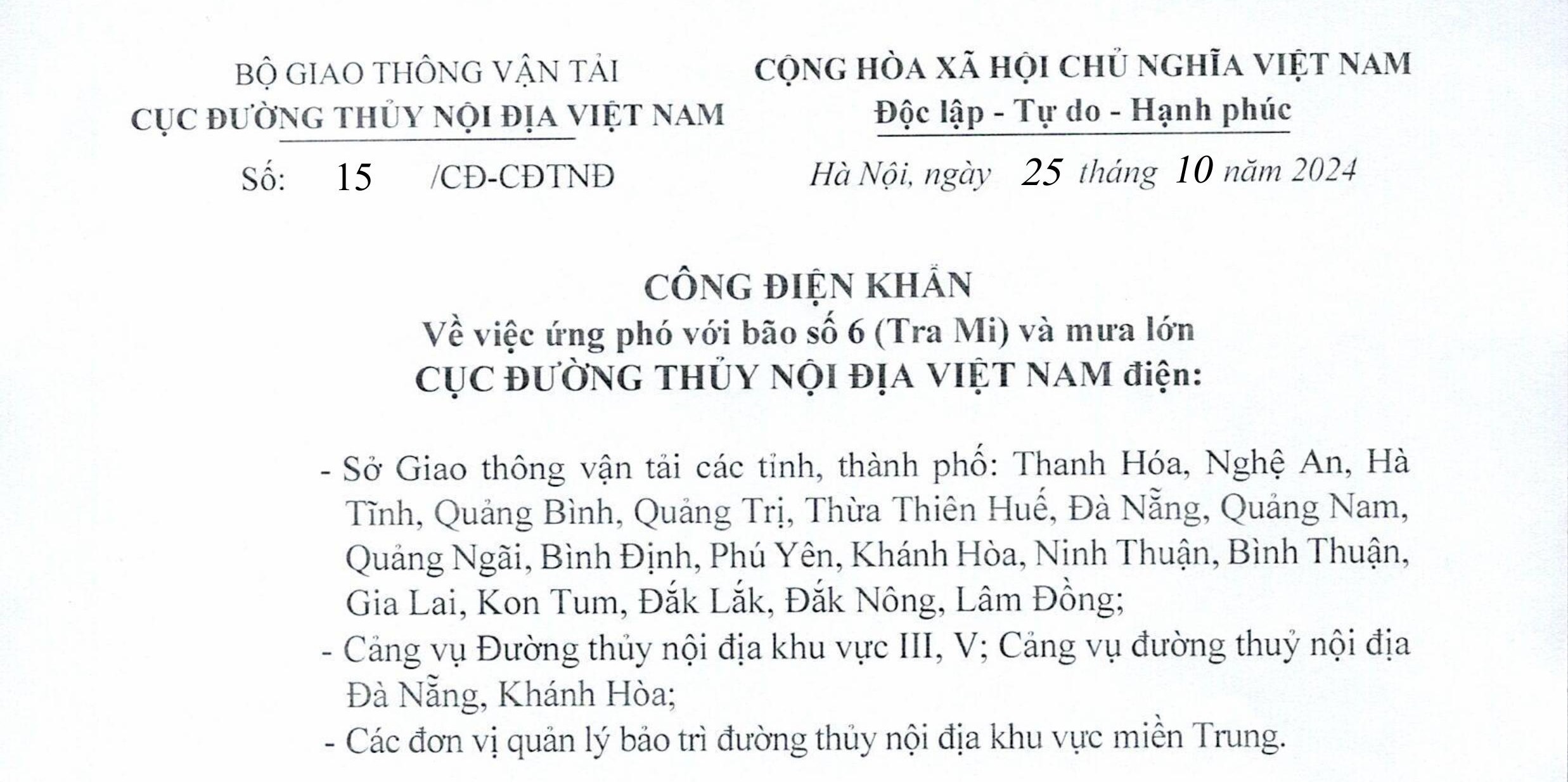 Công điện khẩn về ứng phó với bão số 6 (TRA MI) và mưa lớn